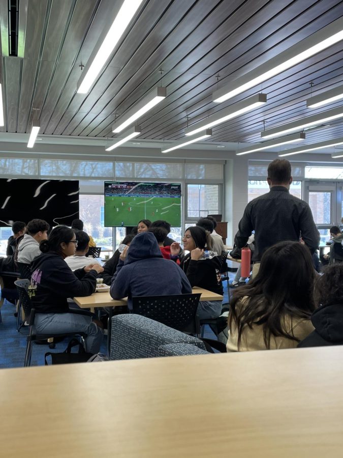 The schools Media Center is transformed into a hub where students and teachers can keep an eye on the World Cup games being live streamed. 