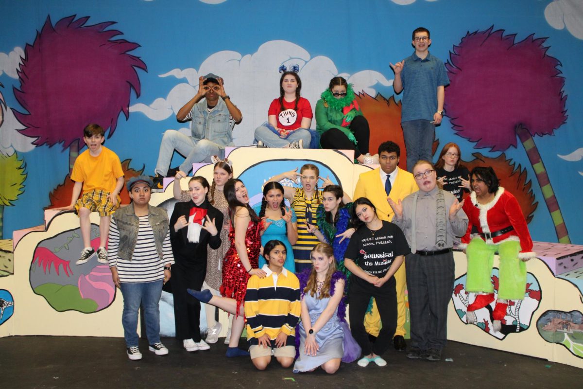 Some members of the cast and crew of Nanuets production of Suessical take a moment to pause on the stage for a photo before the doors opened for the audience to see the show.