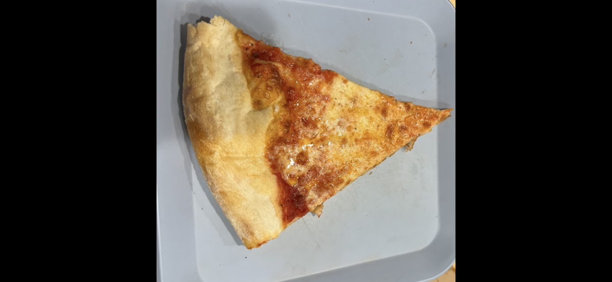 A perfectly plated Pizza City slice with an abundant amount of crust awaits consumption. 