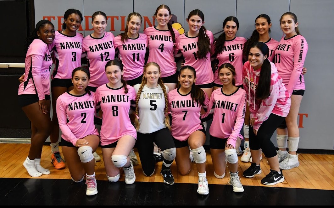 The Nanuet Girls' Volleyball Team dons pink to support Breast Cancer Awareness. 